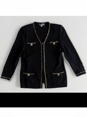 St. John Collection by Marie Gray heavy black knit sweater jacket gold chain